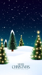 Christmas ornaments with snowy scenes and glowing festive winter trees. Merry Christmas wish snowy background. Snowdrifts. Snowfall Cold weather. Winter season