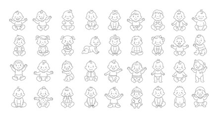 Charming collection of cute happy baby characters in various dynamic poses, a delightful flat vector illustration set for diverse early childhood design projects