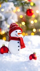 Obraz premium Festive Snowman Scene with Christmas Ornaments and Bokeh Lights.