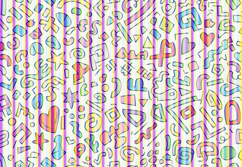 Naklejka premium Playful abstract background with a chaotic mix of colorful hand-drawn doodles and vibrant vertical stripes, creating a dynamic and modern digital art pattern