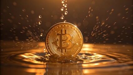 Shimmering Bitcoin coin splashing in water, symbolizing finance and digital currency in a dynamic environment.