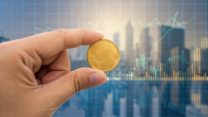A hand holds a coin against a backdrop of city skyscrapers and digital graphs, symbolizing finance and investment growth.