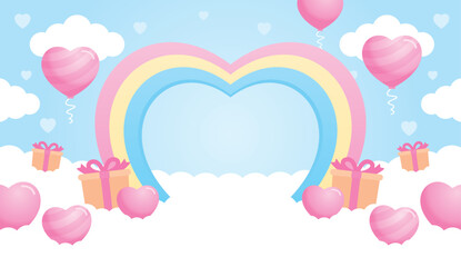 cute kawaii style heart shape rainbow arch backdrop with lovely heart balloons and gift boxes on cloud floor background illustration vector