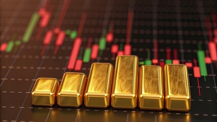 Gold bars are displayed against a backdrop of fluctuating financial graphs, symbolizing wealth and investment trends in the market.