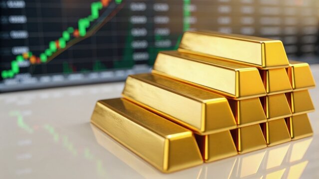 Stacks of gold bars in front of a financial chart showing growth trends, symbolizing wealth and investment opportunities.