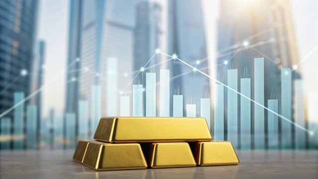 Gold bars prominently displayed in a modern financial environment with skyscrapers and rising graph indicators in the background.
