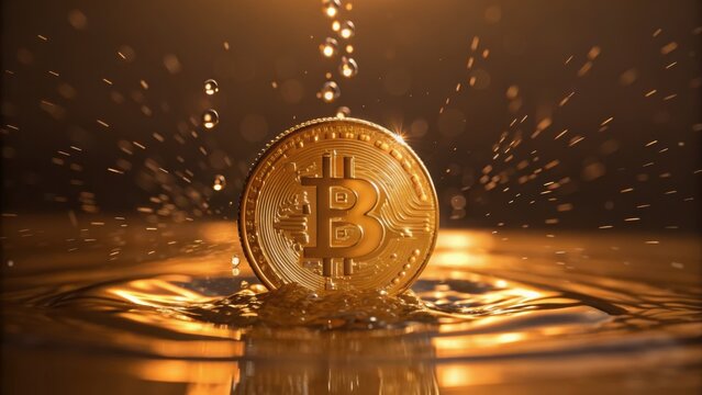Shimmering Bitcoin coin splashing in water, symbolizing finance and digital currency in a dynamic environment. - Powered by Adobe