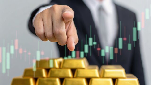 A business professional points at gold bars with financial chart elements in the background, symbolizing investment and wealth management. - Powered by Adobe