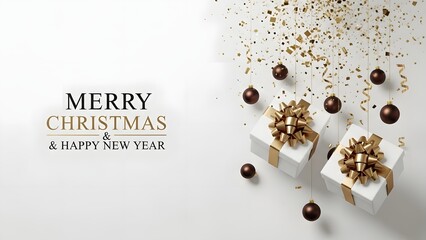 Elegant merry christmas and happy new year greeting card design with white gift boxes, brown ornament, and falling gold confetti on a clean white background, isolated on white background