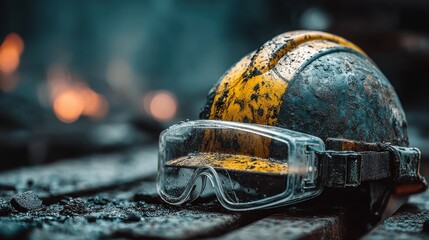 Close-up shows a worn safety helmet and protective goggles on a rough surface, suggesting hard work in a demanding industrial or construction environment.