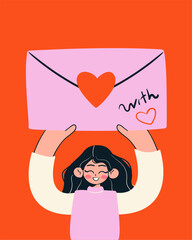 Cute smiling girl with big envelope above her for Valentines day.  Flat vector illustration.
