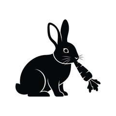 Black rabbit silhouette with carrot vector icon logo