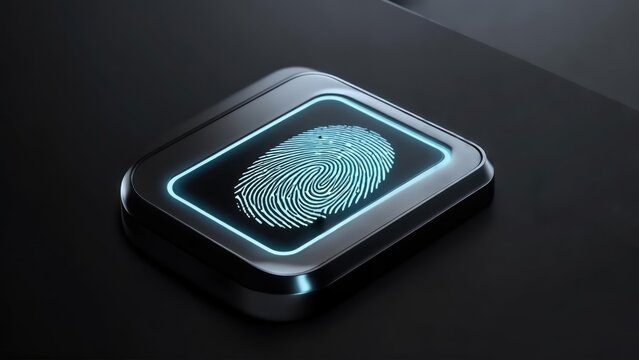 A futuristic, illuminated fingerprint scanner embedded in a sleek, dark surface