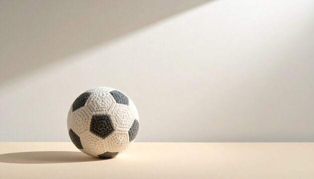 毛糸の編み目が細かく見える手編みウールのサッカーボールを、暖かいキャラメル色のマット背景に配置した静物写真。
柔らかな自然光が左から差し込み、優しい影と秋らしい温度感を演出。
ネガティブスペースを大きく確保し、文字配置やデザイン制作にも最適。
スポーツブランド、教育、秋キャンペーン、温もりある広告ビジュアルに活用可能。