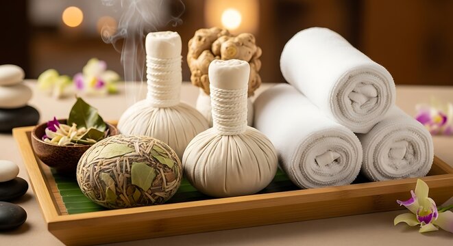 Still life of spa treatment items including herbal compress balls and rolled towels on a tray - Powered by Adobe