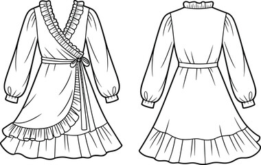 Women's ruffle wrap dress flat sketch, fashion technical cad drawing with long sleeves and belt, elegant vector illustration template