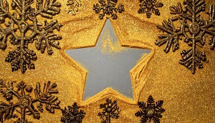 Sparkling Gold Glitter Star Shape Surrounded by Festive Snowflakes.
