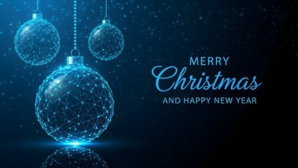 Abstract glowing blue digital christmas ornaments with particles and merry christmas and happy new year text on a dark background, perfect for holiday greeting cards