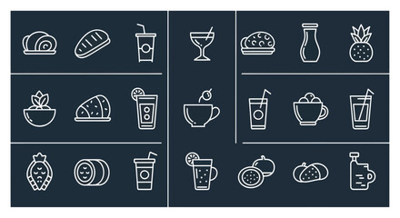Collection of food and beverage icons in clean modern flat outline style