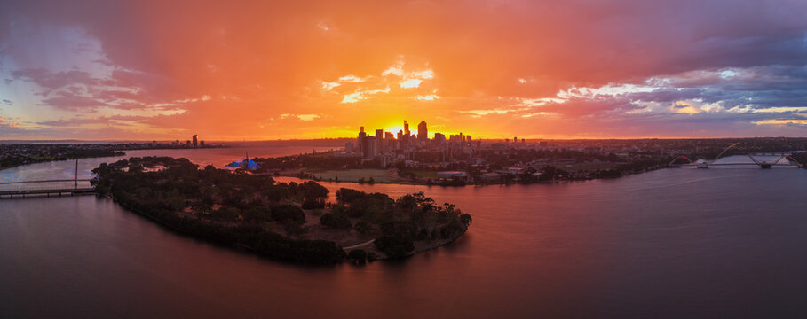 Perth cbd with a beautiful vivid sunset