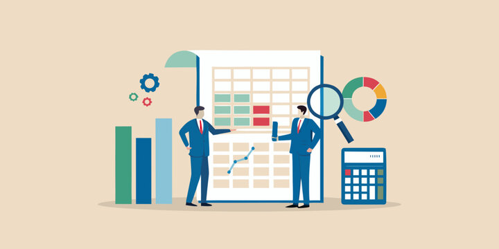 Businessmen analyzing financial data and charts with magnifying glass and calculator
