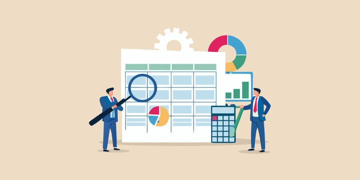 Businessmen analyzing financial data with charts and calculator - Powered by Adobe