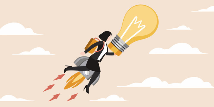 Businesswoman flying with a lightbulb rocket for new ideas and innovation