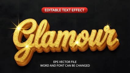 Golden glitter 3d text effect for the word glamour with sparkling light effect on a dark background, editable text style template