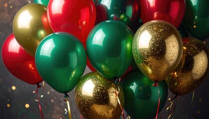 Festive cluster of red green and gold metallic balloons celebrating a special occasion.