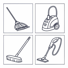 Four household cleaning tools in outline style broom