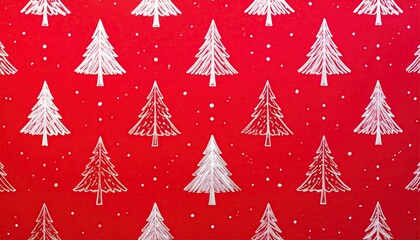Seamless festive pattern of white Christmas trees on a vibrant red background.