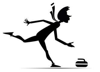 Curling sport. Man pushes a stone towards a target. Black on white illustration