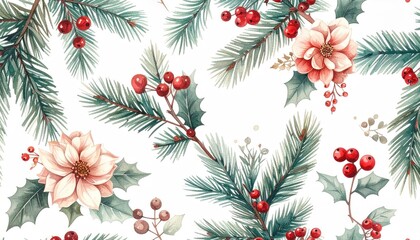 Christmas seamless pattern with pine branches holly and flowers.