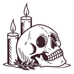 Halloween skull and two lit candles silhouette dark