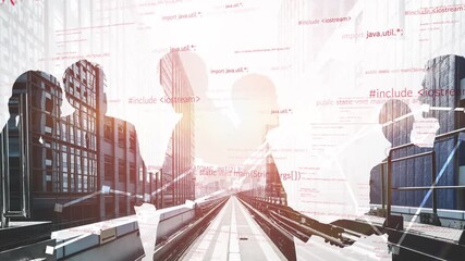 A dynamic urban scene captures silhouettes of professionals in discussion, surrounded by overlays of code and technology, symbolizing innovation and teamwork. Xenic - Powered by Adobe