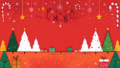 Festive Christmas background with decorated trees candy canes and gifts.