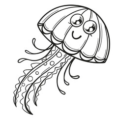 Happy cartoon jellyfish with big eyes and tentacles