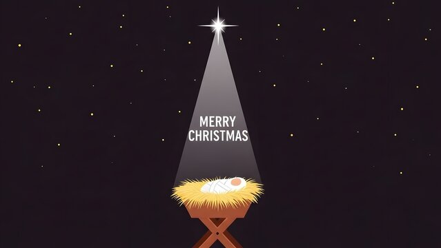 Minimalist vector illustration of baby jesus in a manger under the star of bethlehem with a light beam shining down and the text merry christmas on a dark night sky background