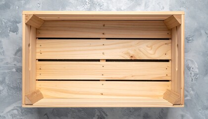 Empty wooden crate on gray surface, top-down view.