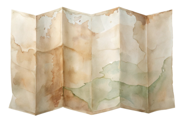 Antique folded map with aged paper texture isolated on transparent background
