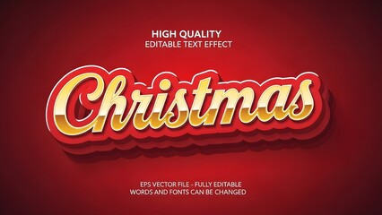 Editable text effect for the word christmas in gold and white with a red outline on a deep red background, high quality graphic design element