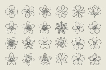 Set of 25 Delicate Floral Line Icons in a Minimalist Grid