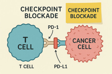 Medical infographic for oncology and immunology shows checkpoint blockade immunotherapy. diagram details T cell and cancer cell interaction with PD 1 to PD L1 pathway block