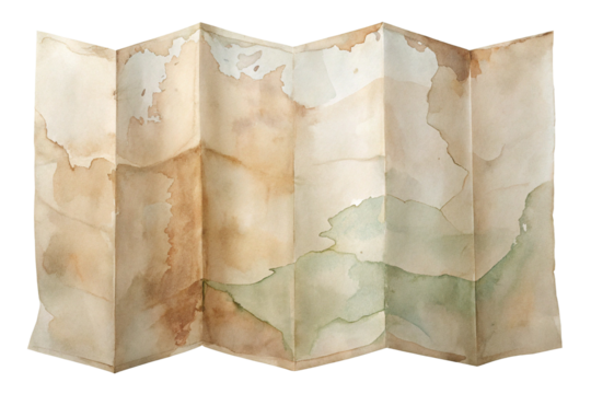 Antique folded map with aged paper texture isolated on transparent background