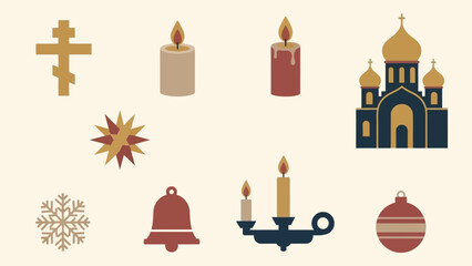 A set of flat vector icons representing Orthodox Christmas traditions and symbols.