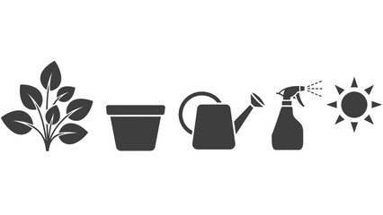 A set of five simple icons representing the essential elements of gardening and plant care.