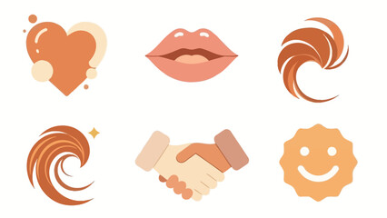 A collection of six modern flat design icons representing love, communication, and partnership in a warm color palette.