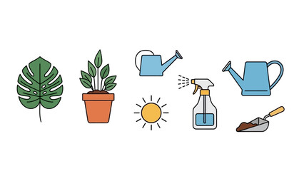 A collection of colorful line art icons representing gardening, houseplants, and plant care tools on a white background.