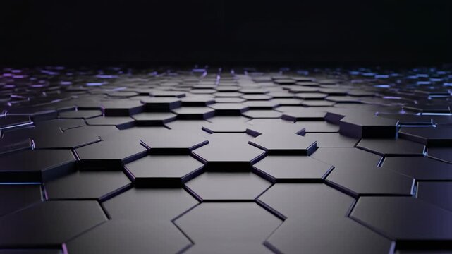 Seamlessly looping dark void pattern background featuring subtle flowing three dimensional geometric hexagonal tile waves concept, darkness, subtle