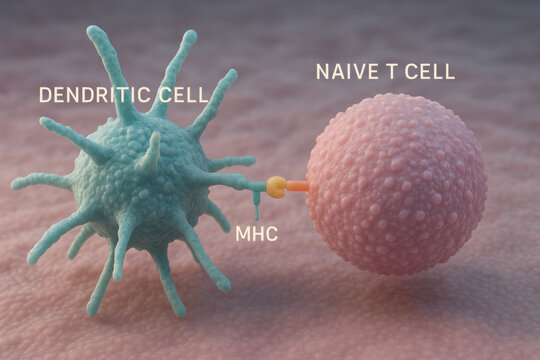 Soft scientific ambiance in an educational immunology diagram. dendritic cell presents an antigen to naive t cell via MHC, showing crucial molecular connection on textured membrane
